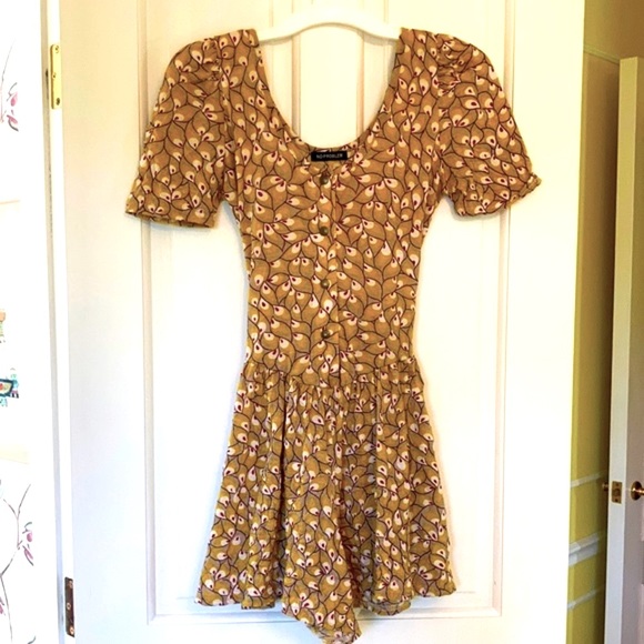 Gold Mini Romper Dress, gathered at shoulders & waist, Easy Front Opening - Picture 8 of 16
